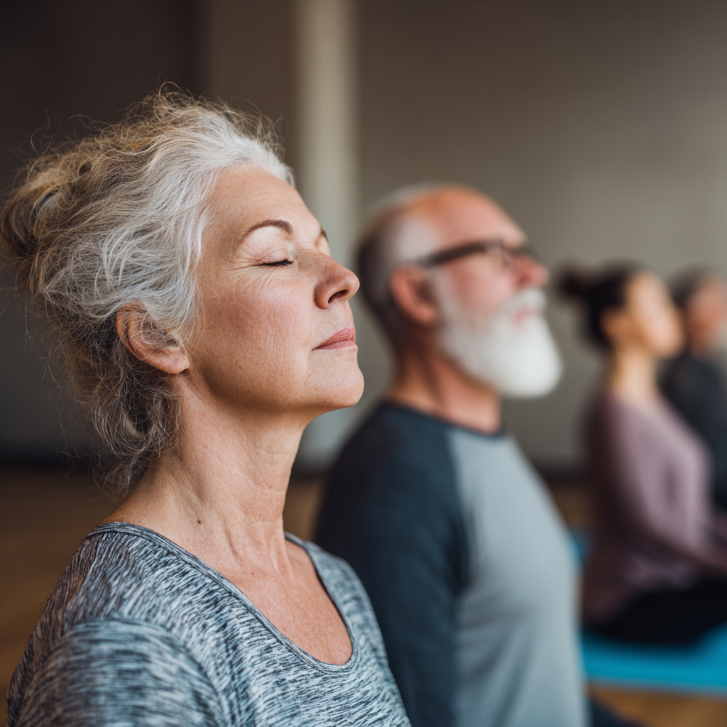 Mature people in yoga class focusing on breathing exercises