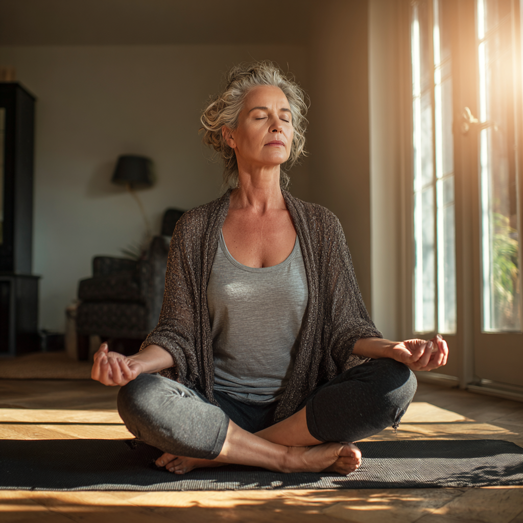 Middle-aged woman practicing yoga meditation in peaceful studio