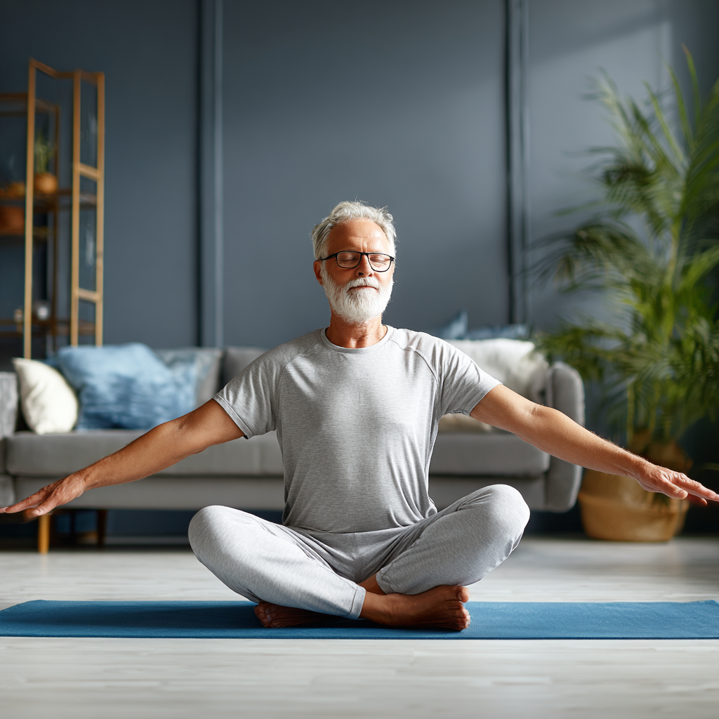 Senior adult doing gentle yoga poses on mat